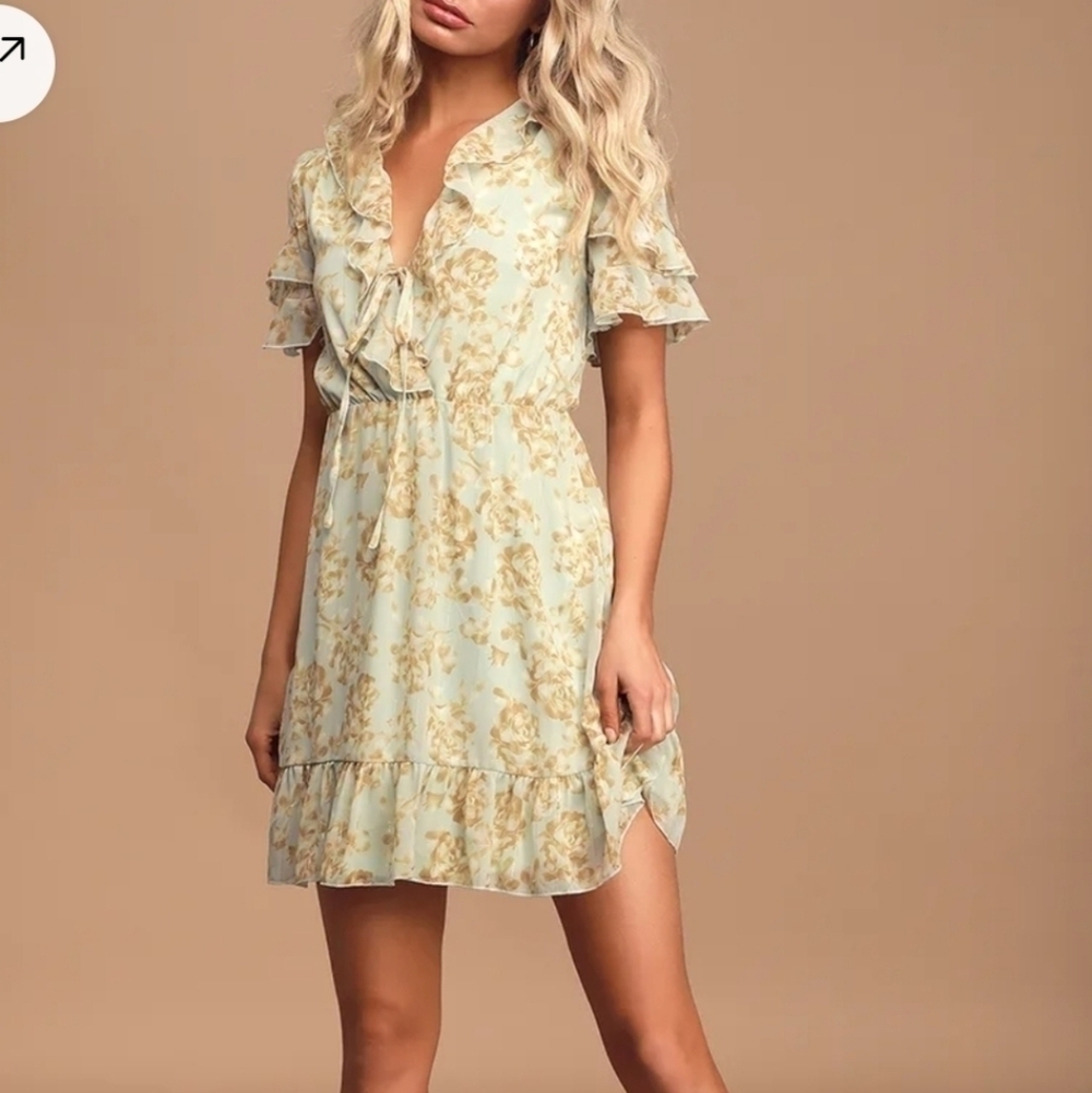Lulu's Dreaming of Romance Mint Blue Floral Print Ruffled Skater Dress S Girly